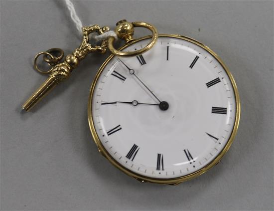 An early 20th century Swiss 18kt gold keywind cylinder fob watch with enamelled portrait of a reclining lady,